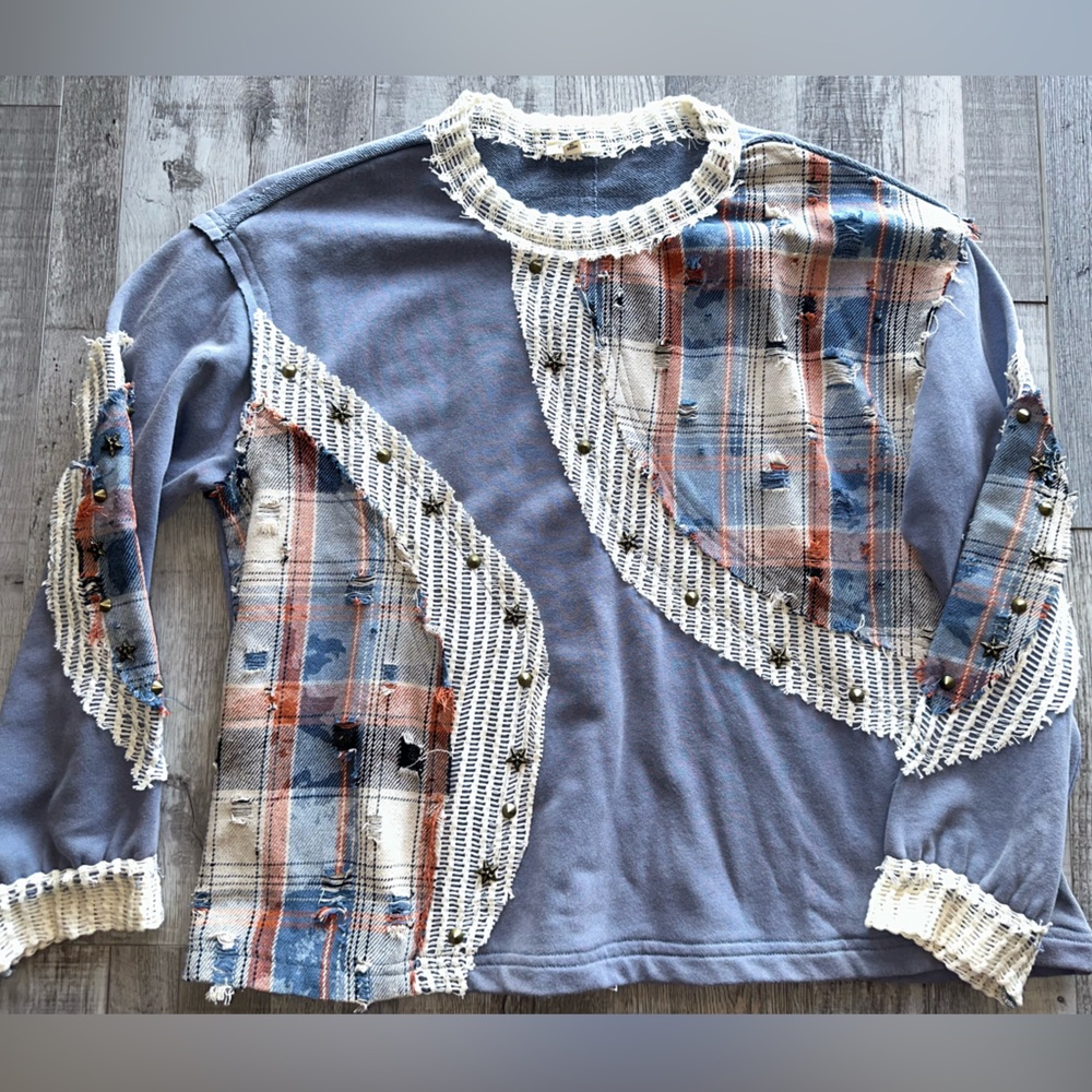 POL Woman’s Patchwork Long Sleeve Shirt - Blue and Cream New Size Small